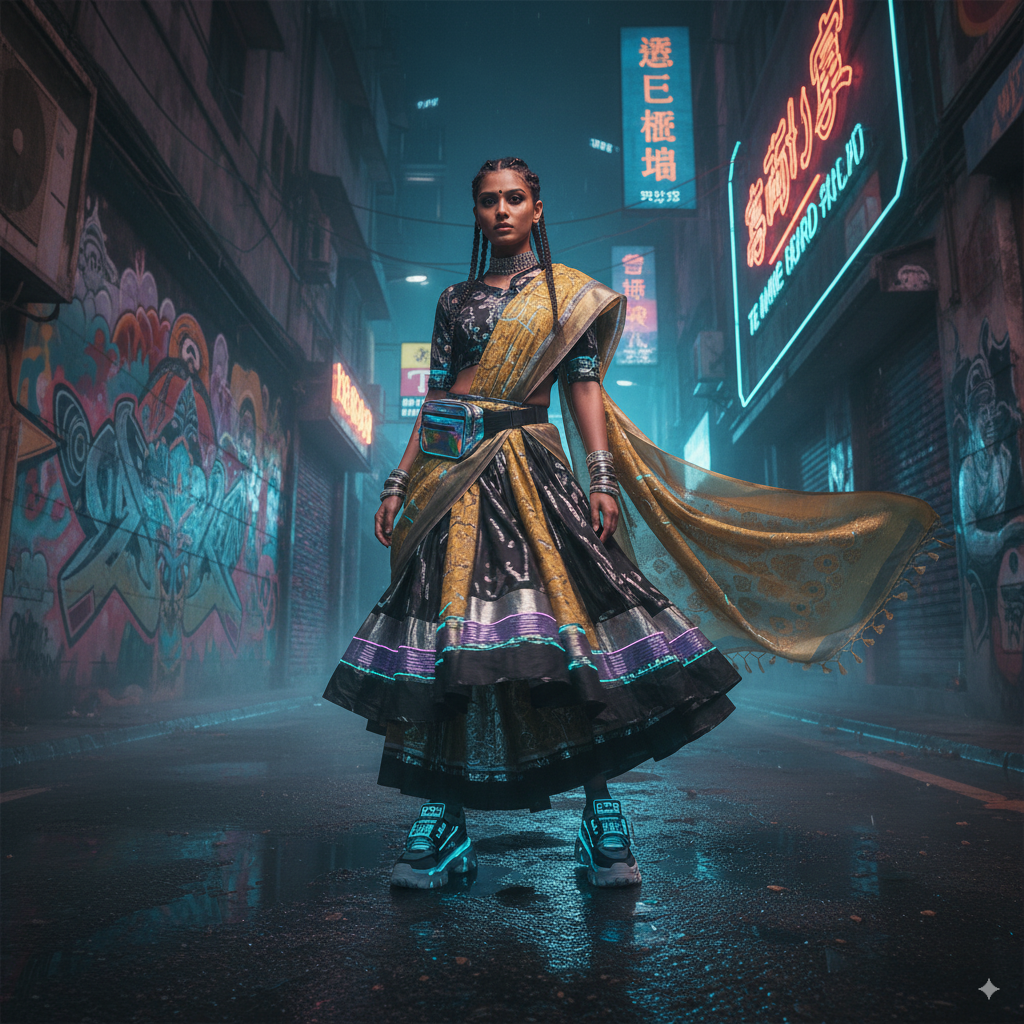 A modern streetwear version of a Nano Banana Saree, blended with urban fashion aesthetics, graffiti background, sneakers paired with the saree, cyberpunk-inspired photography.